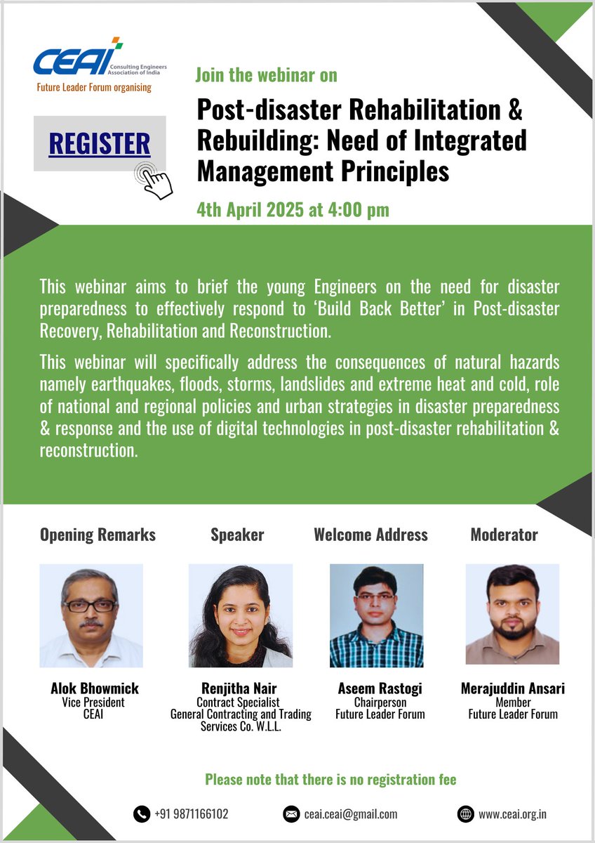 CEAI invites you to register and participate in the webinar on "Post-disaster Rehabilitation &amp; Rebuilding: Need of Integrated Management Principles"
Registration Link:us02web.zoom.us/meeting/regist…