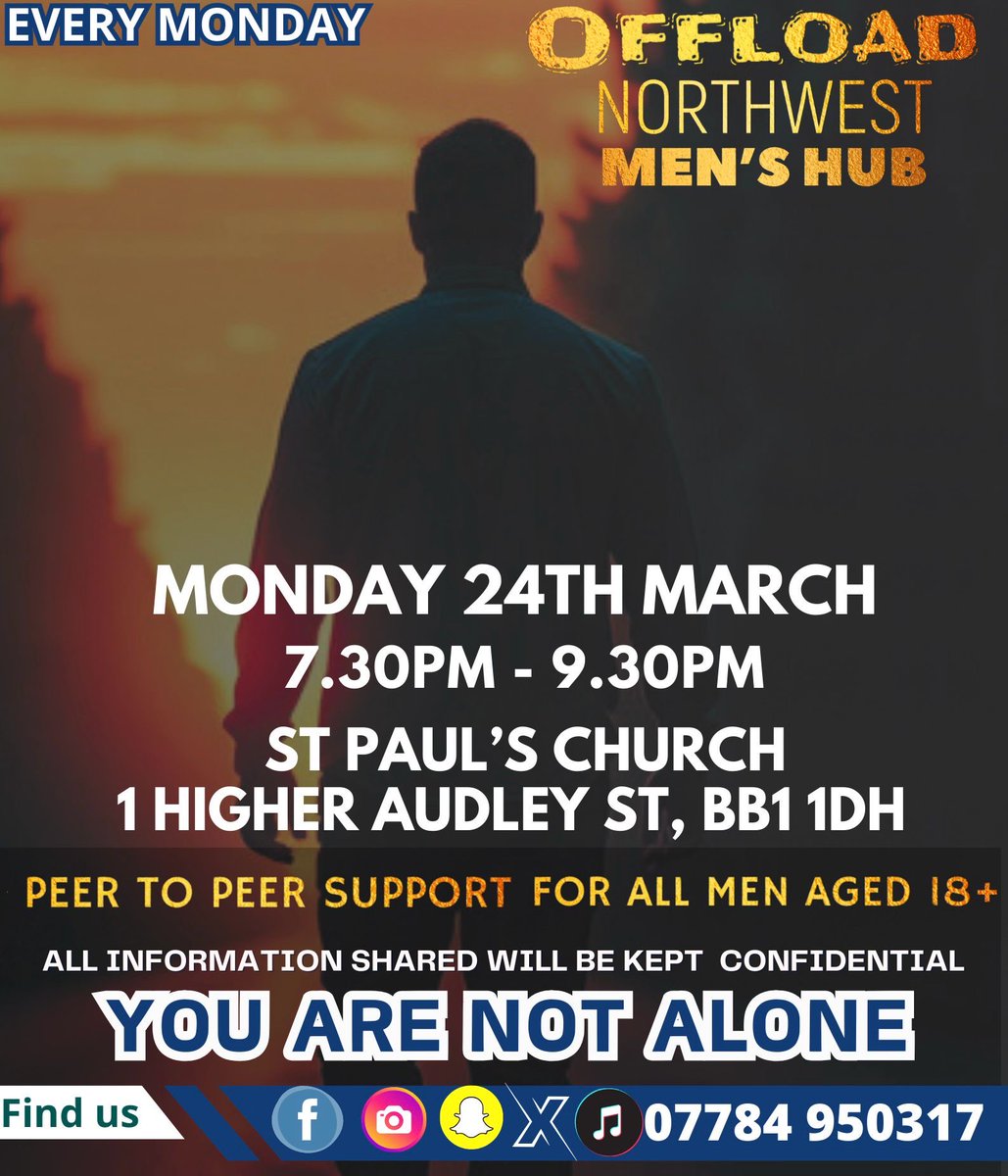 #OffloadNorthwest 
#MensHub 
#PeerToPeerSupport #MensMentalHealth 
#YouAreNotAlone 
#ConfidentialSupport 
#Blackburn 
#SupportForMen 
#MentalHealthMatters  
#MensSupport 
#CommunitySupport #MaleMentalHealth
#BreakTheStigma 
#SupportEachOther #MenSupportingMen