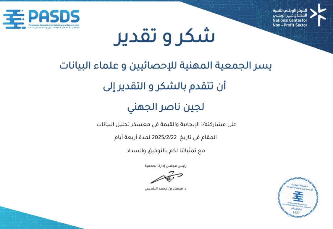 Lojain1438's tweet image. سعيدة اني كنت احد اعضاء فريق هذا المعسكر الرائع ، ارقام و مخرجات قوية تتحدث عن نجاح المعسكر🤩!

#GDG_Data_Analysis
❤️💚💙💛

نسيت انزلها لكن ان تصل متأخرًا خيرًا من ان لا تصل 😙