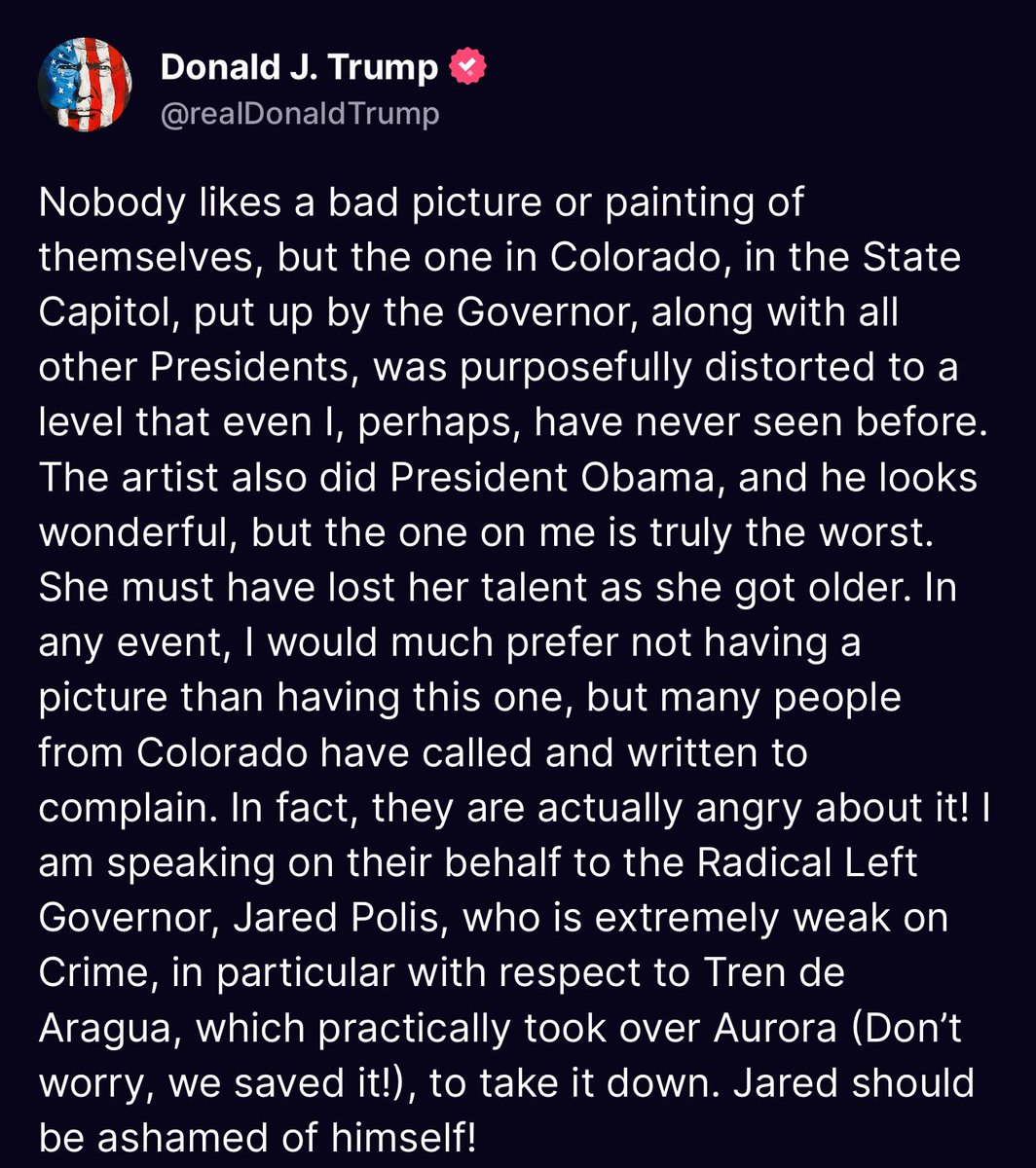 CADAmerican's tweet image. 🚨 Trump Rips Colorado Over ‘Distorted’ Portrait!

Donald Trump slams Colorado’s State Capitol for displaying a “purposely distorted” portrait of him, accusing the Radical Left Governor of allowing it!

Trump is calling for the portrait to be taken down immediately.