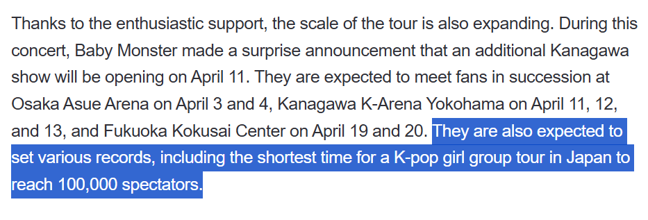 ''BABYMONSTER are also expected to set various records, including the shortest time for a K-pop girl group tour in Japan to reach 100,000 spectators''