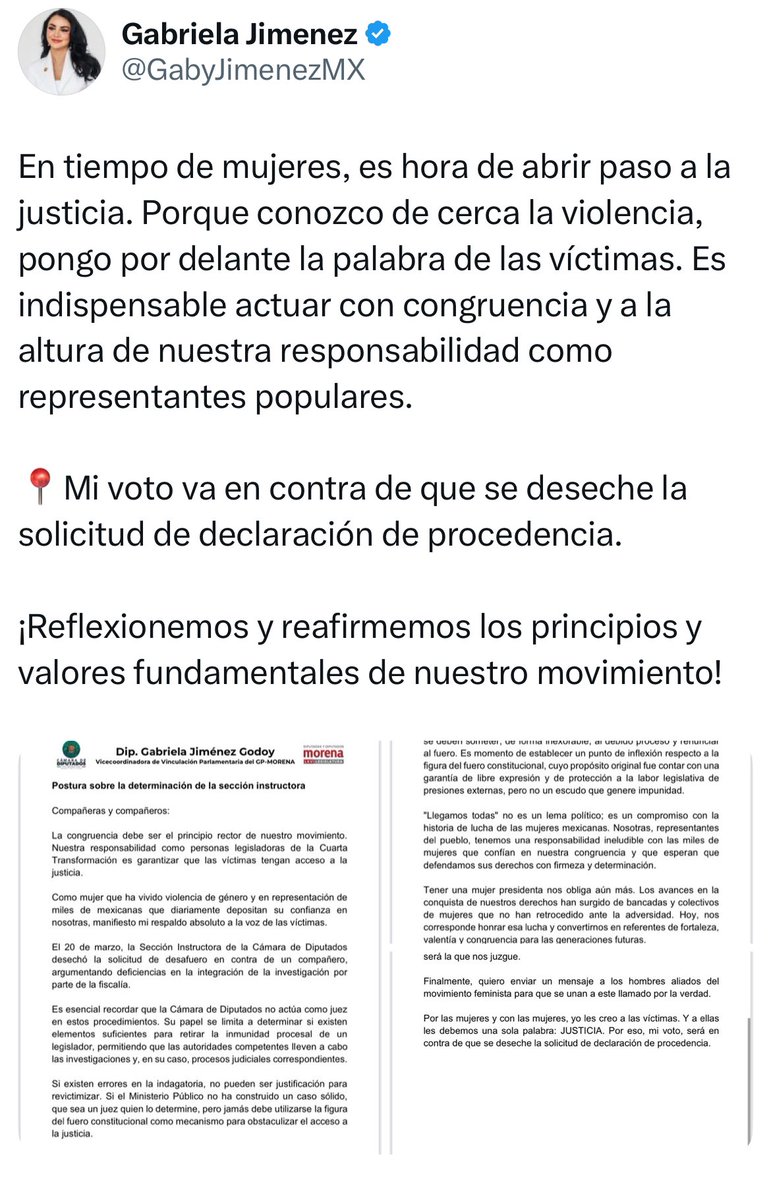 azucenau's tweet photo. 🚨Más legisladoras de Morena exigen que #CuauhtémocBlanco (@cuauhtemocb10) renuncie voluntariamente a su fuero. 

En este caso, Gabriela Jiménez (@GabyJimenezMX), vicecoordinadora del Grupo Parlamentario de Morena en la @Mx_Diputados, quien ya expresó que su voto va “en contra de que se deseche la solicitud de declaración de procedencia”. 👇🏼