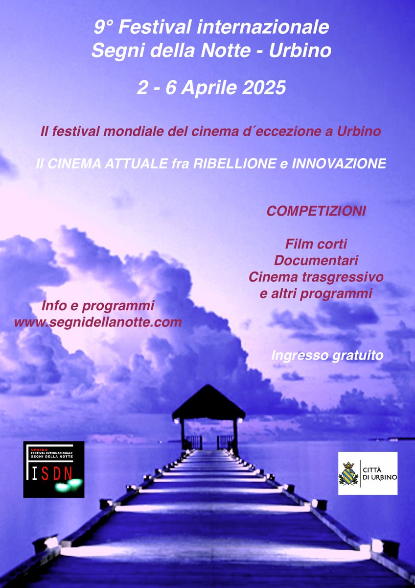 VERY LAST DAY to submit your film to the
9° Festival internazionale Segni della Notte
at Urbino, Italy
April 2 - 6, 2025
HERE:
filmfreeway.com/Festivalintern…
t is a purely cultural event with no commercial interests.
Entrance for the public is free.segnidellanotte.com/concept.htm