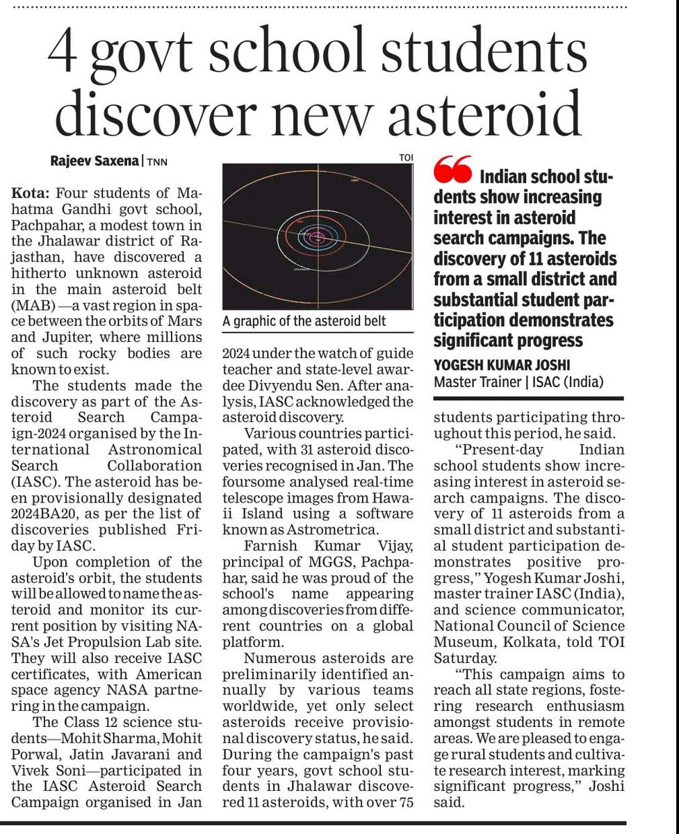 divyendu309's tweet photo. Our School student's asteroid Discovery News in Time Of India https://t.co/rU1Geyz9kn