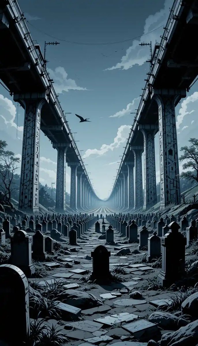 SupachetTh36312's tweet photo. #UnfinishedHighway, #AbandonedRoad, #30Years, #Graveyard, #Tombstones, #SilverPillars, #ComicArt, #Mystery, #UrbanDecay, #HighwaySecrets https://t.co/4gec03cqUg