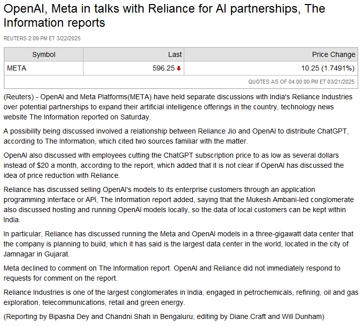 OpenAI, META in talks with India's Reliance for AI partnerships....massive land grab opportunity 
$META $GOOGL $NVDA $TEM $IONQ $MSFT $VST $ALAB $CRWD $ORCL