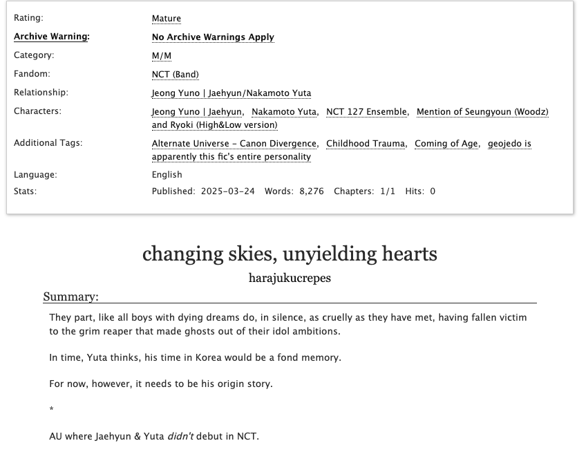 crepestyle's tweet photo. *dusts off this account*

🏝️ changing skies, unyielding hearts
🏝️ yujae | 8.2k | oneshot
🏝️ mature | pretty angsty | explorations of trauma, teen &amp; adult sexuality, basically it's just "what if yujae didn't debut in nct" but make it fic 

🔗 https://t.co/hu7jpWljhi https://t.co/uPRAioDOIK