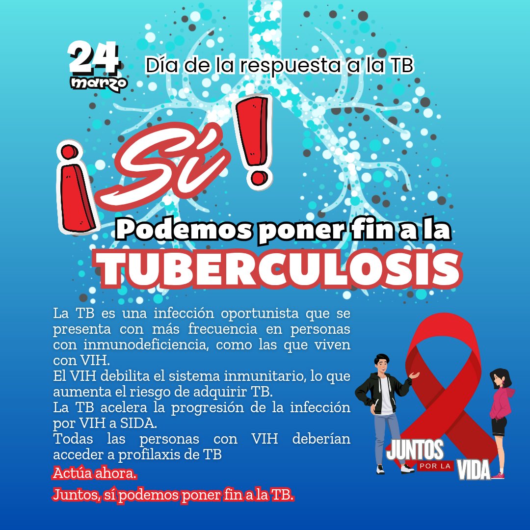 JuntosporlaVida's tweet photo. #24Marzo 🫁
Día de la Respuesta a la TB 🫁
¡Sí! Podemos poner fin a la TB 🫁
La TB🫁 es una infección oportunista que se presenta con más frecuencia en personas con inmunodeficiencia, como las que viven con VIH.
#sipodemosponerfinalatb
#FinAlTB https://t.co/nNpqVGaERz