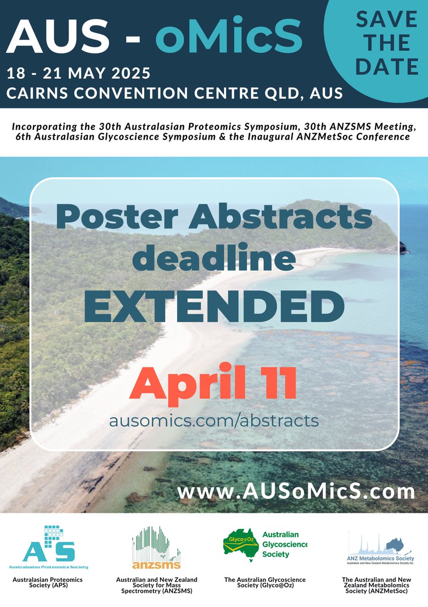 🚨 POSTERS EXTENDED 🚨
Submit your #AUSoMicS poster abstract now!
🔬 Deadline: 11 April
🔗 tinyurl.com/5n6p9h4y
 
Don't forget our student/ECR travel awards! 
ANZMetSoc is offering TWO $500 awards! ✈️
⏳ Deadline: 31 March 
🔗 Apply here: tinyurl.com/zkkd3u92

#Metabolomics