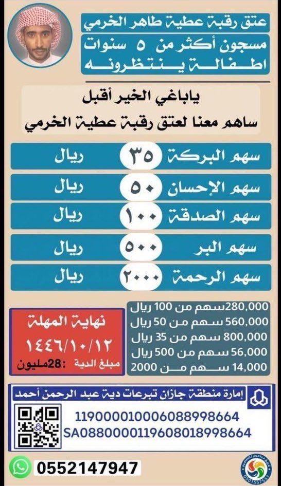 قال تعالى (وَمَنْ أَحْيَاهَا فَكَأَنَّمَا أَحْيَا النَّاسَ جَمِيعاً)
نهايـة المهلة ١٤٤٦/١٠/١٢  #عتق_رقبه_عطيه_خرمي