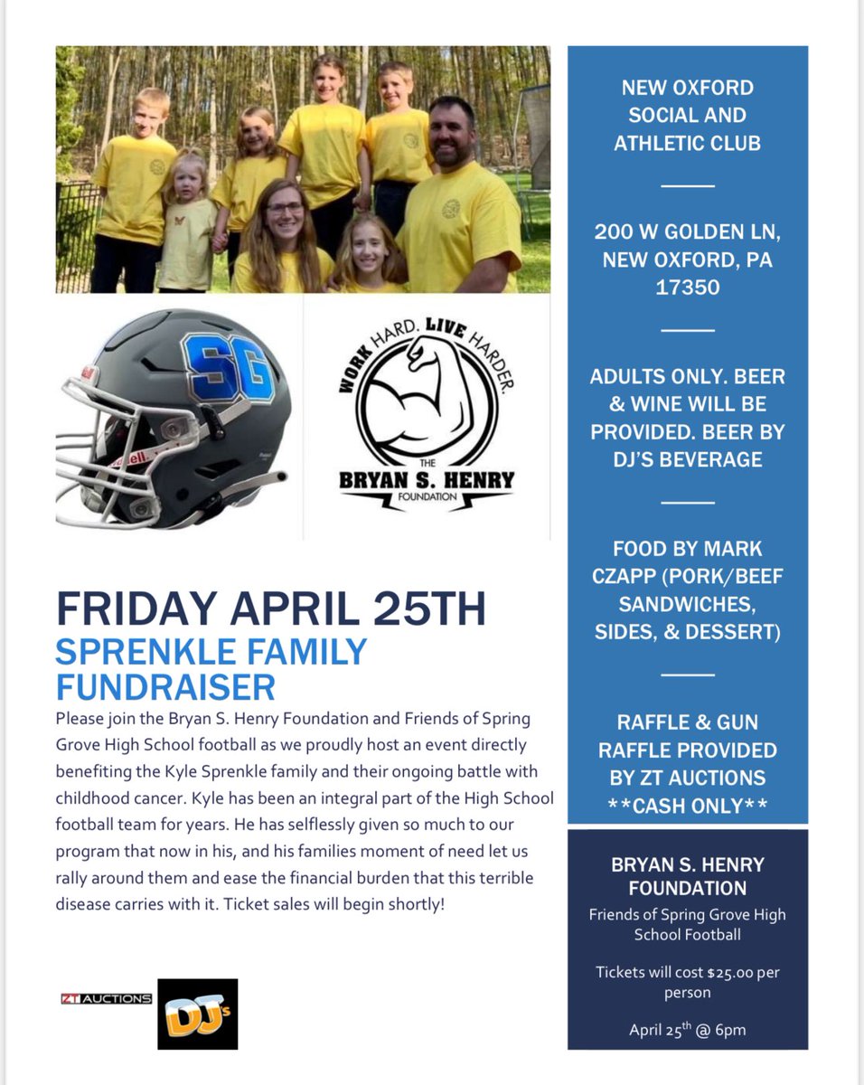 Ticket sales are officially open! The coaches &amp; friends of the SGHS Football team, partnering with the Henry Foundation, are excited to be hosting a fundraiser for the Sprenkle family to help with the financial burden they face while their daughter, undergoes cancer treatment.