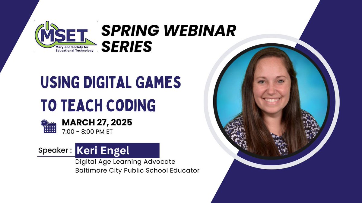 🚀 Don’t forget to sign up! 🚀

Join us for "Using Digital Games to Teach Coding" with Keri Engel! 🎮💻 Learn how to make coding fun &amp; accessible for all students, Pre-K to 12.

📅 March 27 | 🕒 7-8 PM
🔗 Register now: msetonline.org/event-6103701
#STEM #Coding #DigitalGames #EdTech