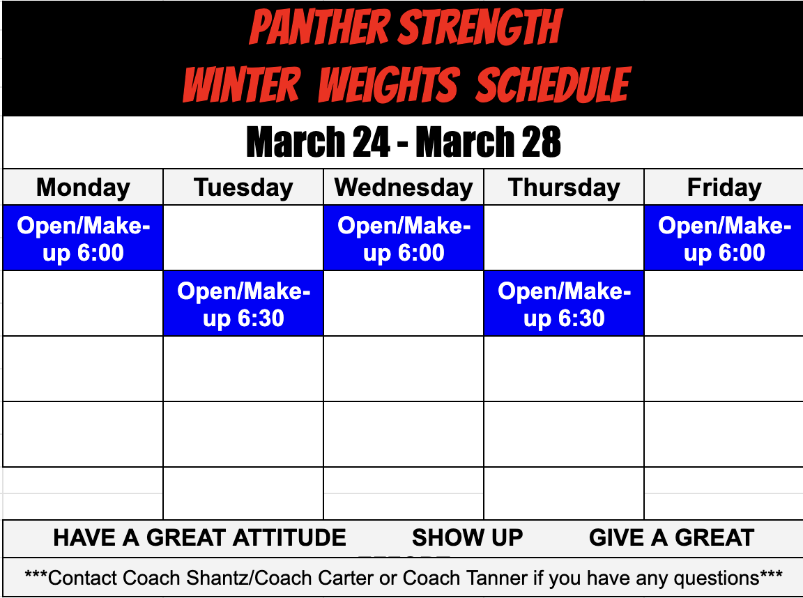 Here is the Weight room schedule for the week. In-season 2 days  and off season 3 days is the expectation.