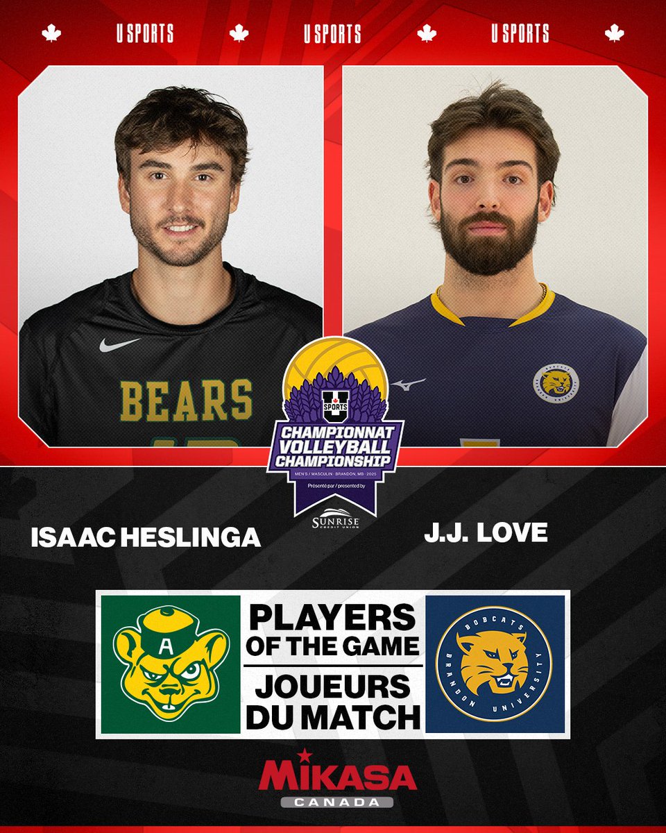 Congratulations to Isaac Heslinga of <a href="/BearsandPandas/">UAlberta Golden Bears & Pandas</a> and J.J. Love of <a href="/BUBobcats/">BU Bobcats</a> on being named Mikasa Team Players of the Game!

Félicitations à Isaac Heslinga des <a href="/BearsandPandas/">UAlberta Golden Bears & Pandas</a> et à J.J. Love des <a href="/BUBobcats/">BU Bobcats</a> pour avoir été nommés Joueurs du Match de l'équipe Mikasa !