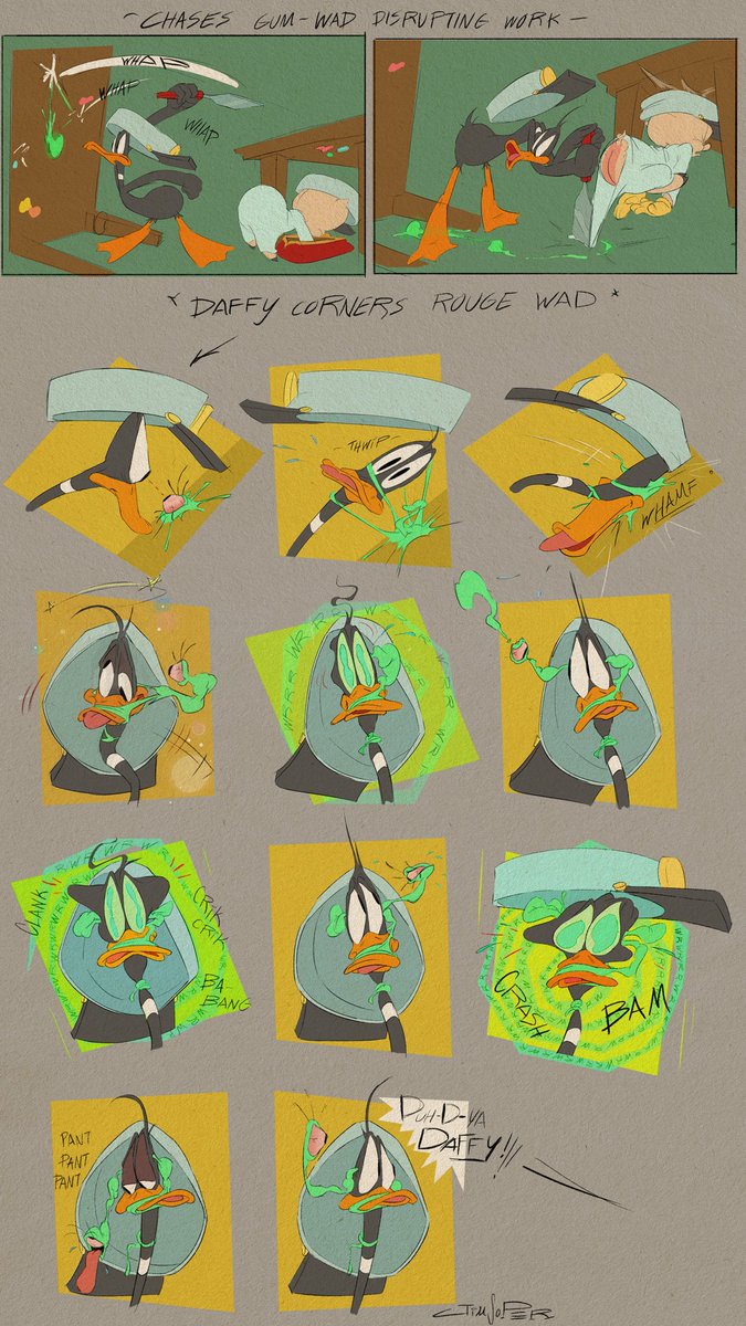 Early #concept gag of #daffyduck where his innate looniness gives him natural immunity to the gums mind control. “Tuckered the lil fella out” #thedaytheearthblewup #looneytunes