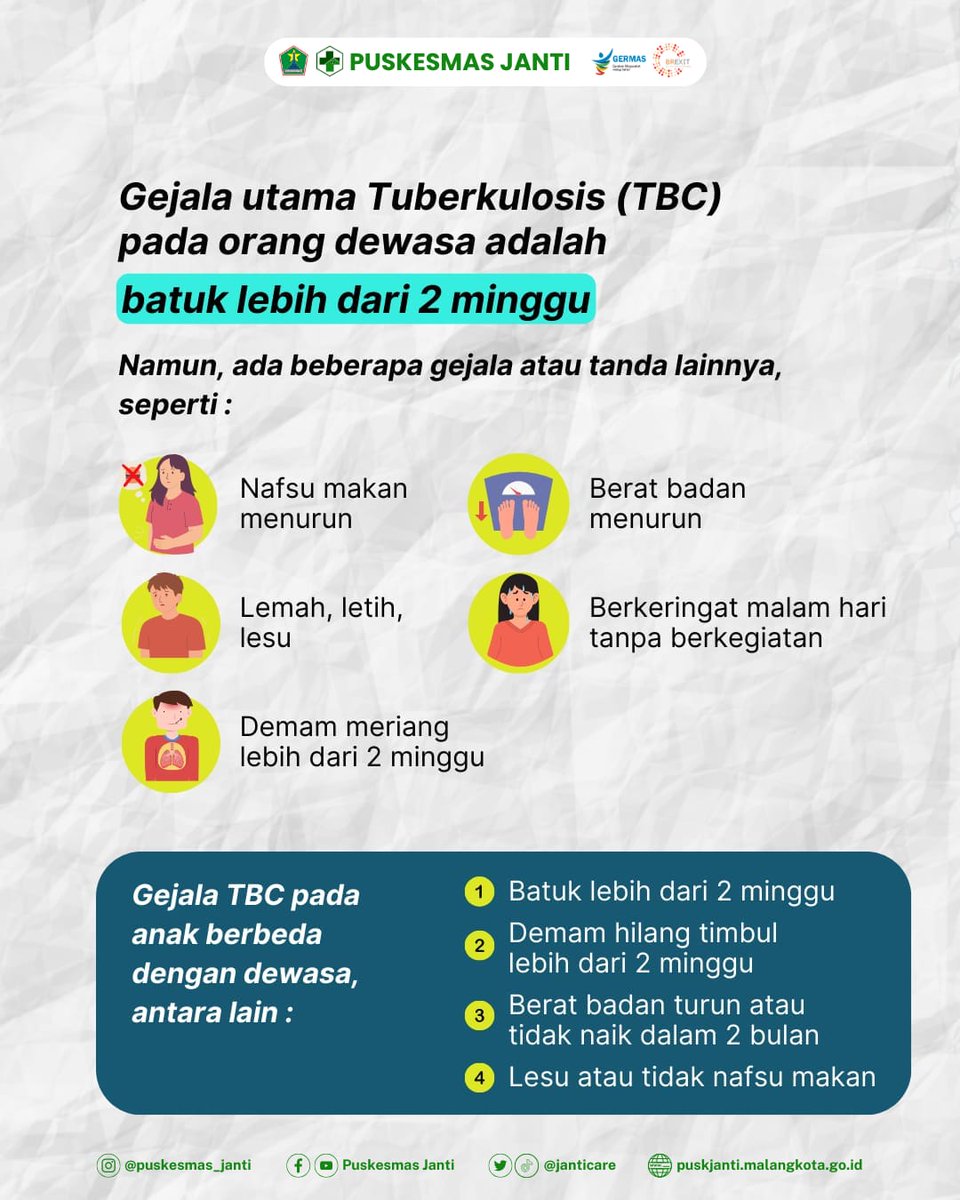 janticare's tweet photo. [HARI TB 2025]

Hai Sobat Sehat!

Tuberkulosis merupakan penyakit menular yang disebabkan oleh Mycobacterium Tuberkulosis. Penyakit ini menular melalui droplet, sehingga mudah menularkan kepada siapa saja terutama kontak erat pasien dan kelompok rentan. https://t.co/ndPO0f3zGO