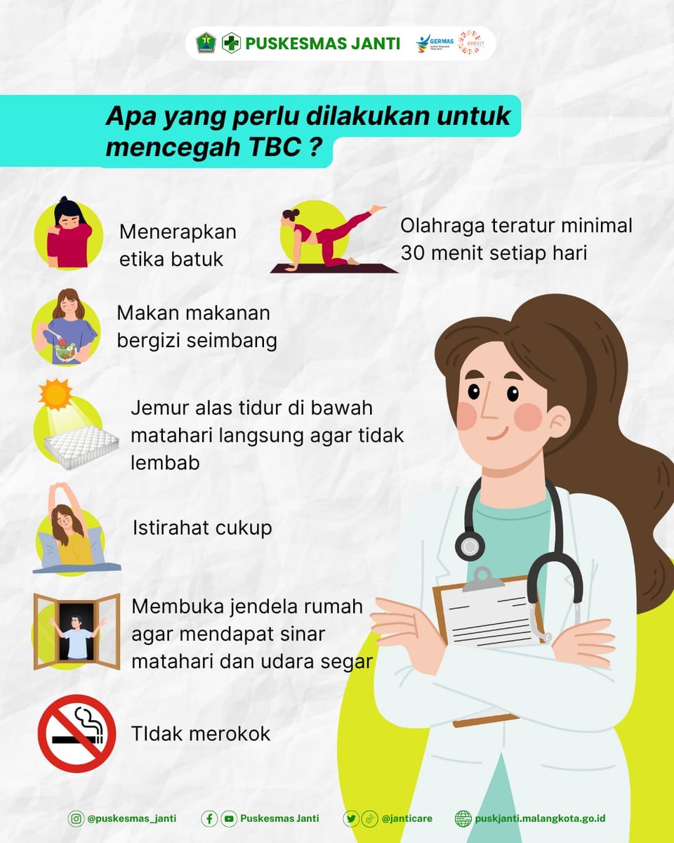janticare's tweet photo. - Menerapkan Etika Batuk
- Makan makanan bergizi seimbang
- Olahraga teratur minimal 30 menit setiap hari
- Jemur alas tidur di bawah sinar matahari langsung agar tidak lembab
- Istirahat cukup 6-8 jam per hari
- Tidak Merokok https://t.co/JOIXREAlCV