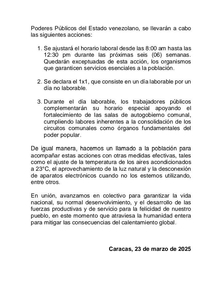 el_poccidente's tweet photo. El Gobierno de Venezuela informó que la administración pública aplicará un horario especial durante seis semanas como parte de un plan de ahorro energético. https://t.co/QyLEa7eHeU