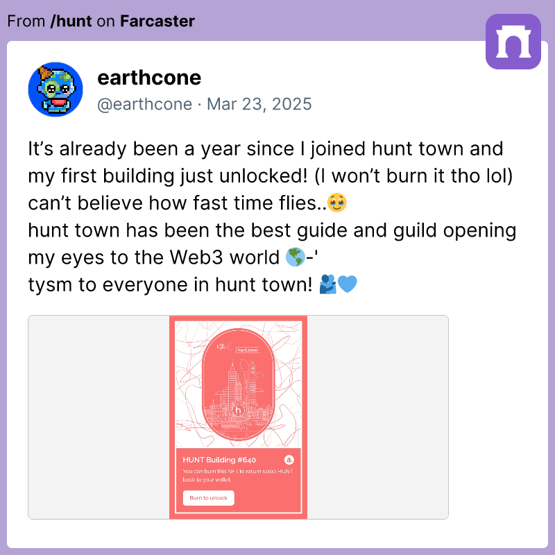 steemhunt's tweet photo. You don't purchase the Main Building NFT.

Instead, you can mint it by locking up 1,000 $HUNT tokens for a year.

After a year, you can burn the NFT to unlock it and reclaim your 1,000 $HUNT tokens.

We hosted the Mungdi-X program a year ago to onboard Web2 experts into Web3 spaces. During the program, we rewarded participants with the Main Building NFT, and now, a year has passed.

Time flies! By locking up 1,000 $HUNT, you can also receive a $HUNT tip allowance on @farcaster_xyz and earn Build Points on @discord.

https://t.co/ay7RC2fpJk