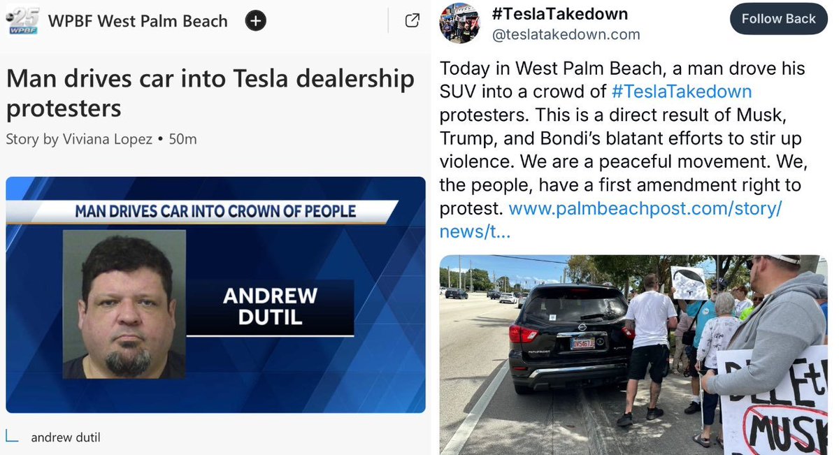 YourAnonCentral's tweet photo. A MAGA terrorist attacked Americans who were peacefully protesting oligarchy and Tesla.

This is just the latest terrorist attack by MAGA as these radicals feel embolden to attack civilians in latest wave of Trump / Musk inspired terrorism. 

https://t.co/o7RQY8GS0I https://t.co/RiGFtzU0Jr