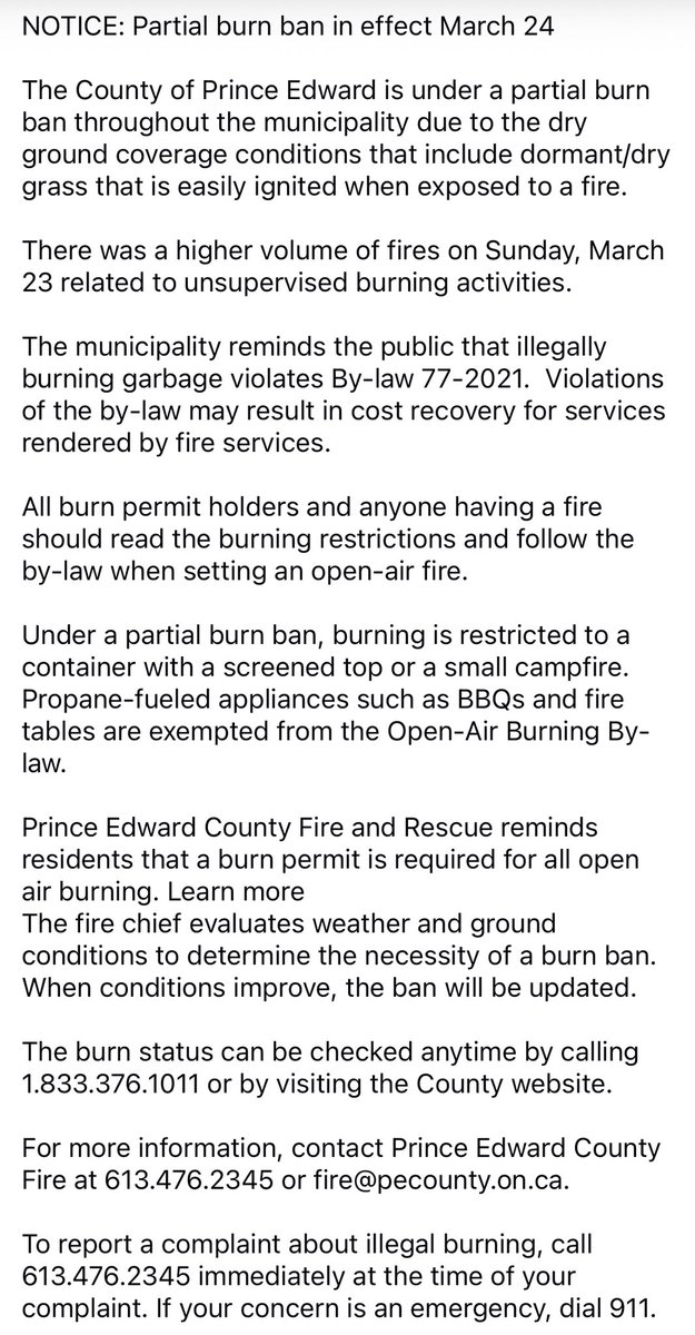 fire_pec's tweet image. NOTICE: Prince Edward County partial burn ban in affect March 24