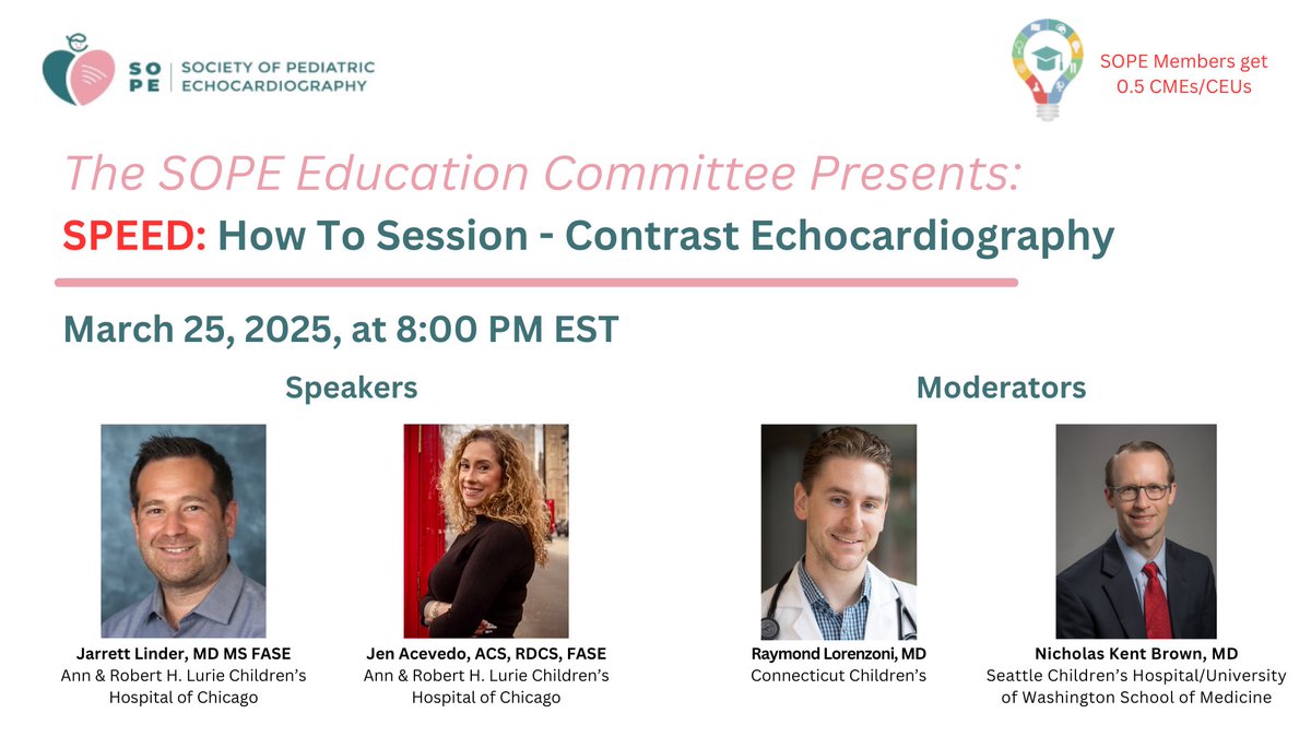 SOCIETY OF PEDIATRIC ECHOCARDIOGRAPHY (@sopedsecho) on Twitter photo Join us this Tuesday for our March SPEED on Contrast Echocardiography with speakers Dr. Jarrett Linder and <a href="/JennAcevedo/">Jen Acevedo</a> RDCS, moderated by <a href="/DrBabyHearts/">Ray Lorenzoni</a> and Dr. Nicholas Kent Brown.
Tuesday, March 25
8 PM EST
Free to register. Link ā¬ļø:
tinyurl.com/Contrast-Echo Join us this Tuesday for our March SPEED on Contrast Echocardiography with speakers Dr. Jarrett Linder and <a href="/JennAcevedo/">Jen Acevedo</a> RDCS, moderated by <a href="/DrBabyHearts/">Ray Lorenzoni</a> and Dr. Nicholas Kent Brown.
Tuesday, March 25
8 PM EST
Free to register. Link ā¬ļø:
tinyurl.com/Contrast-Echo