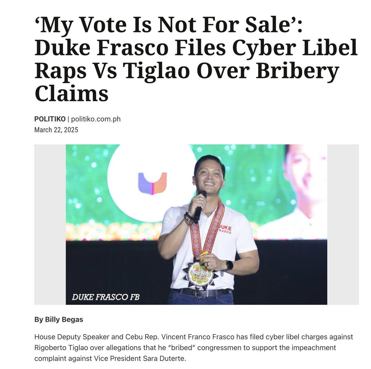 justinmaniluh's tweet photo. Petition for the House Tri-Committee to summon Manila Times’ Rigoberto Tiglao

In the issues concerning the West Philippine Sea, the vlogger Mark Lopez is nothing compared to an appointee of the former President Gloria Macapagal-Arroyo, Mr. Rigoberto Tiglao. Together with names like Ms. Sass Sasot, Daniel Long, Anna Malindog-Uy and the guy who owns the bakery.

They were spreading dangerous false narratives in crucial times like when China Coast Guard was water-bombing the Philippine Coast Guard. I think there’s a strong need to clarify these issues before the public. It is well-written how China uses information warfare to rally their cause in different countries. We need to push back to have a one united nation.

The same people now cry for sovereignty over the arrest of the former President Duterte, yet they peddle the narrative of China regarding the issues of the West Philippine Sea. The exact same narrative of China. I swear!

Deputy Speaker Duke Frasco filed a cyber libel case against Rigoberto Tiglao over his allegations that Frasco was bribed to sign the impeachment complaint against the Vice President Sara Duterte. Congressman Frasco said that:  "He did not even bother to exercise diligence in verifying this by translating my statements from the Visayan dialect. With obviously no good intention, [Tiglao] publicly maligned me without citing a shred of proof for such destructive imputations," 

Coincidentally, if you read all the releases of Mr. Tiglao, he’s been biased for the Dutertes —- in fact, he was sure that Sara Duterte will not be impeached in his piece last September 2024.

I wonder why Manila Time is giving too much space and platform to pro-Duterte personalities, I believe aside from Rigoberto Tiglao, Anna Malindog-Uy and Mark Lopez write for that newspaper. :/

@HouseofRepsPH 
@younggunsph_