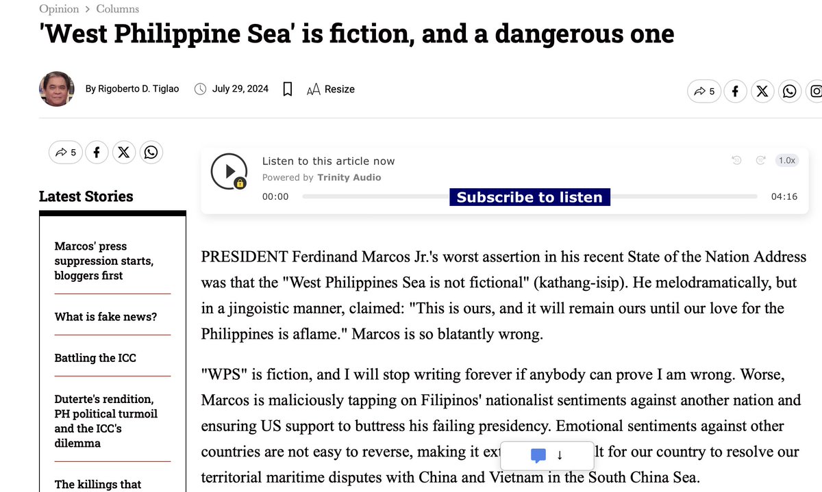 justinmaniluh's tweet photo. Petition for the House Tri-Committee to summon Manila Times’ Rigoberto Tiglao

In the issues concerning the West Philippine Sea, the vlogger Mark Lopez is nothing compared to an appointee of the former President Gloria Macapagal-Arroyo, Mr. Rigoberto Tiglao. Together with names like Ms. Sass Sasot, Daniel Long, Anna Malindog-Uy and the guy who owns the bakery.

They were spreading dangerous false narratives in crucial times like when China Coast Guard was water-bombing the Philippine Coast Guard. I think there’s a strong need to clarify these issues before the public. It is well-written how China uses information warfare to rally their cause in different countries. We need to push back to have a one united nation.

The same people now cry for sovereignty over the arrest of the former President Duterte, yet they peddle the narrative of China regarding the issues of the West Philippine Sea. The exact same narrative of China. I swear!

Deputy Speaker Duke Frasco filed a cyber libel case against Rigoberto Tiglao over his allegations that Frasco was bribed to sign the impeachment complaint against the Vice President Sara Duterte. Congressman Frasco said that:  "He did not even bother to exercise diligence in verifying this by translating my statements from the Visayan dialect. With obviously no good intention, [Tiglao] publicly maligned me without citing a shred of proof for such destructive imputations," 

Coincidentally, if you read all the releases of Mr. Tiglao, he’s been biased for the Dutertes —- in fact, he was sure that Sara Duterte will not be impeached in his piece last September 2024.

I wonder why Manila Time is giving too much space and platform to pro-Duterte personalities, I believe aside from Rigoberto Tiglao, Anna Malindog-Uy and Mark Lopez write for that newspaper. :/

@HouseofRepsPH 
@younggunsph_