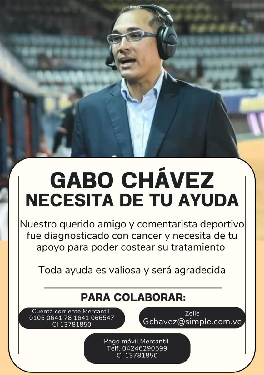 Samuelclemente's tweet photo. Gabo Chávez NOS NECESITA ⬇️
Colega periodista y buen amigo... 
Agradecemos enormemente a todas aquellas personas que estén en disposición y en condiciones de apoyar con una valiosa colaboración, esa que Dios ponga en su corazón 🙏🏽❤️ Una mano amiga para Gabo 🤚🏽 https://t.co/RKIqEbnbWy