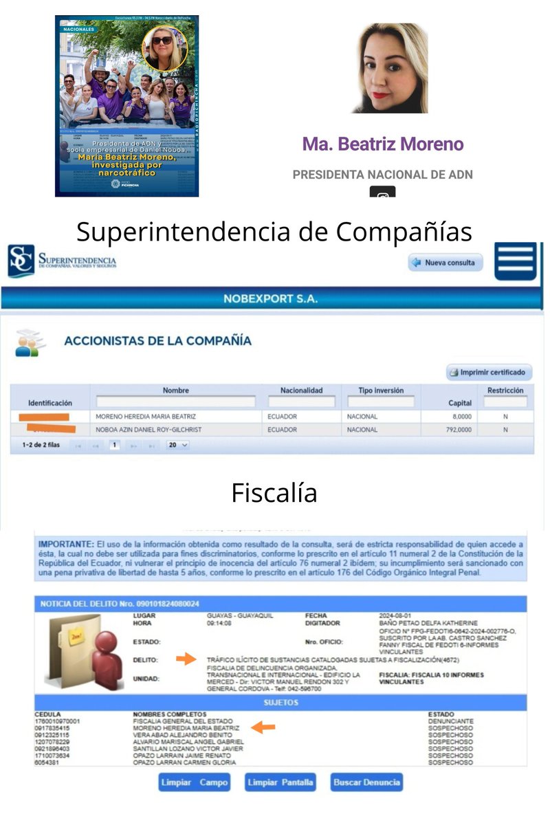 Luisa: María Beatriz Moreno Heredia, presidenta de ADN, tiene delito de tráfico ilícito de drogas en Fiscalía, dirige 9 empresas del grupo Noboa; ADN viene de Leonardo Cortázar a quien le compraste...