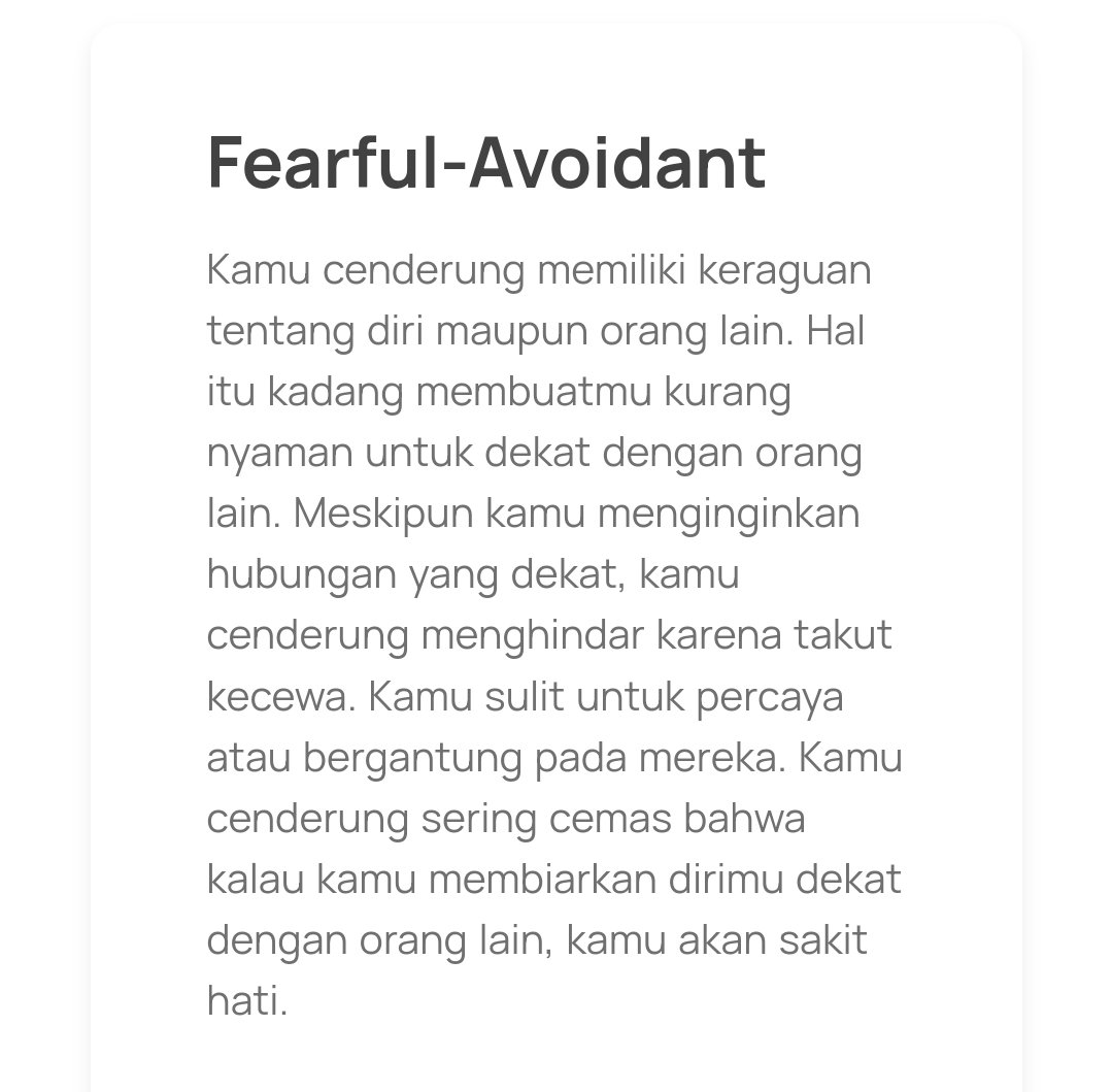thalyxa's tweet photo. tiga kali tes, tiga kali dapet fearful-avoidant. selama ini aku kira anxious (self diagnose) https://t.co/3uYBrkKYTF