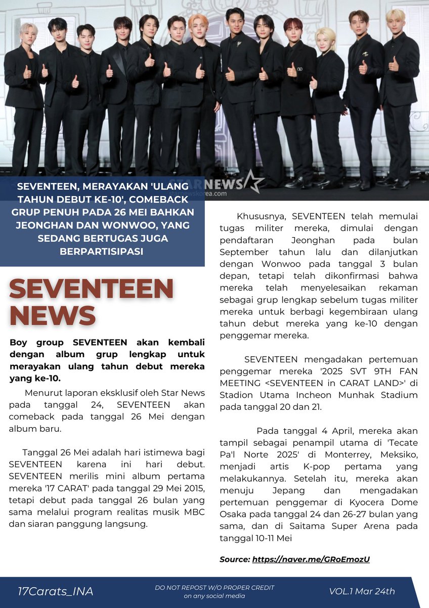 [#NEWS] SEVENTEEN, merayakan 'debut anniversary ke-10', comeback grup penuh pada 26 Mei bahkan Jeonghan dan Wonwoo, yang sedang bertugas juga berpartisipasi 

Khususnya, SEVENTEEN telah memulai tugas militer mereka, dimulai dengan pendaftaran Jeonghan pada bulan September tahun