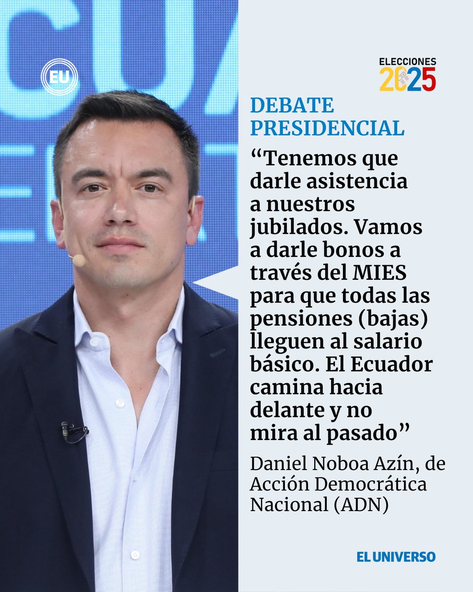 eluniversocom's tweet photo. #DanielNoboa, de Acción Democrática Nacional (ADN), lista 7, en el #DebatePresidencial afirmó elevará las pensiones de los jubilados. https://t.co/XOLSG3qfoS https://t.co/GQBJIJKAYE