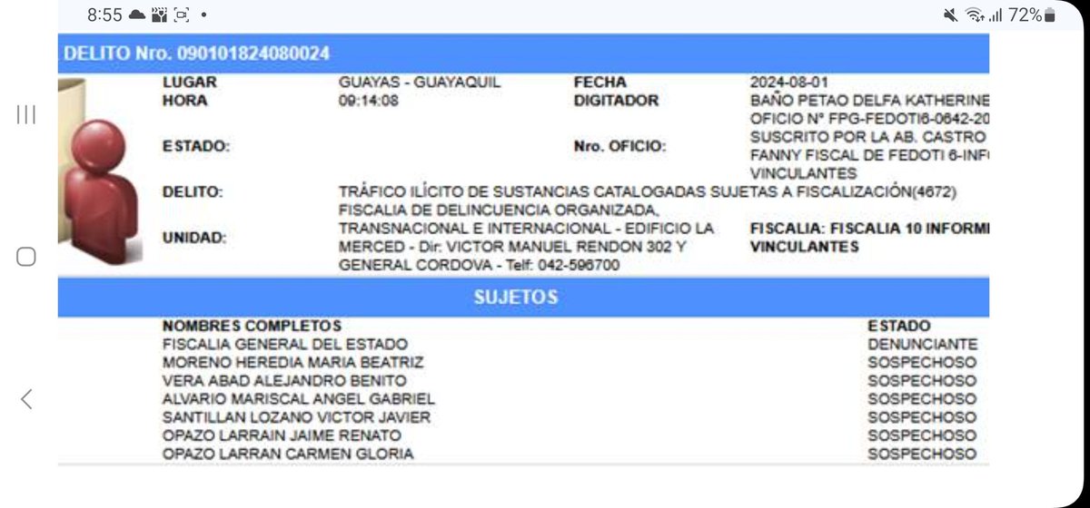 La presidenta nacional de ADN, María Beatriz Moreno Heredia, sí tiene una denuncia en <a href="/FiscaliaEcuador/">Fiscalía Ecuador</a> por tráfico ilícito de estupefacientes, como lo dice <a href="/LuisaGonzalezEc/">Luisa González</a> en el #DebatePresidencial2025