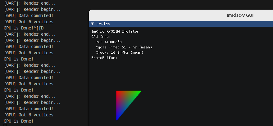 DutraCGI's tweet image. Made a #GPU for my #RISCV emulator... It works by using some memory mapped registers accessible by the cpu: Vert queue, commit / busy

1) tri list test
2) emulator debug log
3) "host" (riscv) code to draw

Next goal is porting the mmio interface to the actual #FPGA desing...