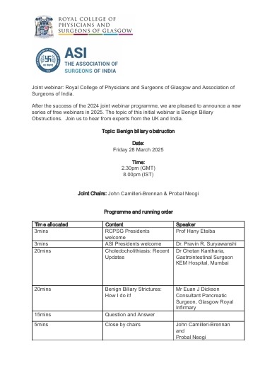 John Camilleri-Brennan (@johncam_brennan) on Twitter photo The next joint <a href="/ASI_India/">ASI India</a> <a href="/rcpsglasgow/">Royal College of Physicians & Surgeons of Glasgow</a> webinar will be on Friday 28 March (14.30 GMT / 20.00 IST). This webinar will focus on benign biliary obstruction with speakers <a href="/EuanJDickson/">Euan J Dickson</a> and Dr Chetan Kantharia. Register for your free place at: ow.ly/9cHq50Vi55t The next joint <a href="/ASI_India/">ASI India</a> <a href="/rcpsglasgow/">Royal College of Physicians & Surgeons of Glasgow</a> webinar will be on Friday 28 March (14.30 GMT / 20.00 IST). This webinar will focus on benign biliary obstruction with speakers <a href="/EuanJDickson/">Euan J Dickson</a> and Dr Chetan Kantharia. Register for your free place at: ow.ly/9cHq50Vi55t