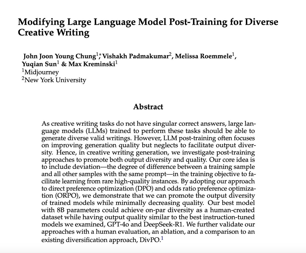Midjourney announces Modifying Large Language Model Post-Training for Diverse Creative Writing