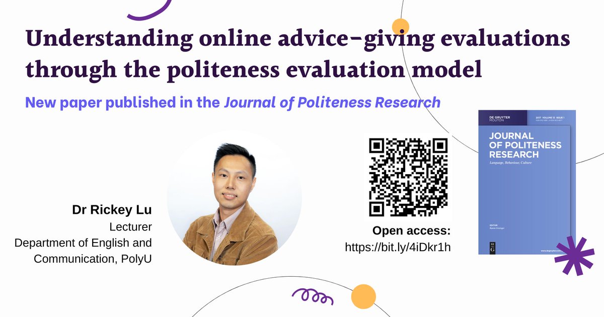 PolyU ENGL (@hkpolyuengl) on Twitter photo Dr Rickey Lu's new paper in a journal of #DeGruyterBrill explores how linguistic advice formulations affect politeness evaluations. Findings suggest a link between language and psychological/pragmatic dimensions. Open access👉bit.ly/4iDkr1h <a href="/OpenAppLing/">Open Applied Linguistics</a> #PolyUResearch Dr Rickey Lu's new paper in a journal of #DeGruyterBrill explores how linguistic advice formulations affect politeness evaluations. Findings suggest a link between language and psychological/pragmatic dimensions. Open access👉bit.ly/4iDkr1h <a href="/OpenAppLing/">Open Applied Linguistics</a> #PolyUResearch