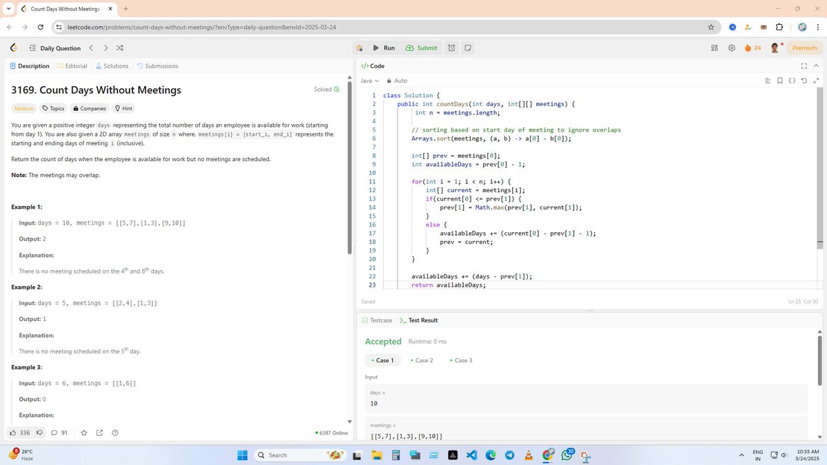 iamtiwarishivam's tweet photo. Solved another coding challenge today ! ๐ช Used sorting + interval merging to efficiently count days without meetings. #3169 #Java #sorting #Coding #LeetCode #ProblemSolving #Algorithms #CodingChallenge #EfficientCode https://t.co/vVYdLtqt4C