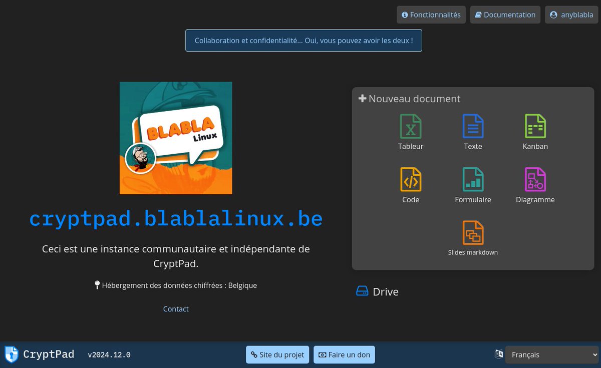 BlablaLinux's tweet photo. 1/3
Superbe solution qu'est #CryptPad 👌
Il aura fallu 2025 pour que je la déploie et la propose en tant que service public Blabla Linux 🤷‍♂️
CryptPad est une suite bureautique collaborative cryptée de bout en bout et open source 💪 https://t.co/2L6sTNIbtA