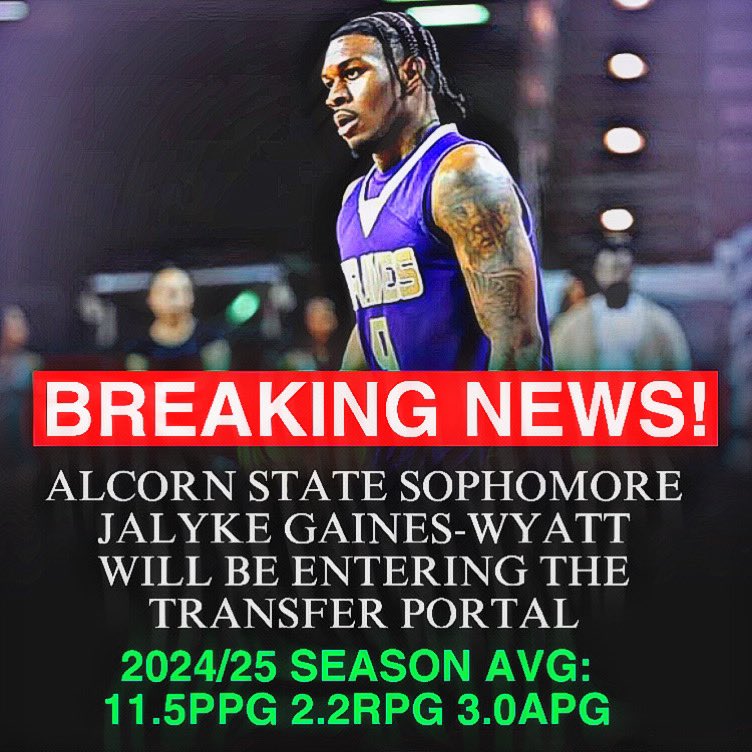 Breaking news Sophomore Jalyke Gaines-Wyatt one of the tough guards around. Alcorn States Sophomore Jalyke Gaines-Wyatt will be entering the transfer portal. Jalyke 2024/25 season averaged 11.5 PPG, 2.2 RPG and 3.0 APG.