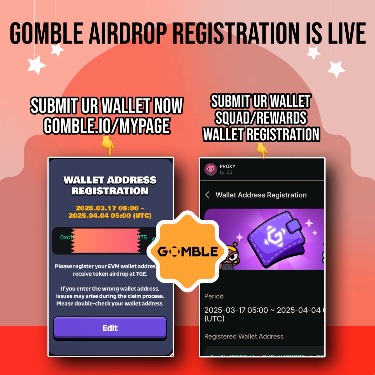 💥 Airdrop registration is LIVE!
تسجيل الإيردروب متاح الآن!

👇 Submit your wallet now!
👇 قدّم محفظتك الآن!

🔗 gomble.io/mypage

🔗 squad.gomble.io/rewards/detail…

✅ Login | تسجيل الدخول
✅ Submit your wallet | تقديم المحفظة

💥 Done! | تم!

📆 Ends - 4th April | ينتهي في 4