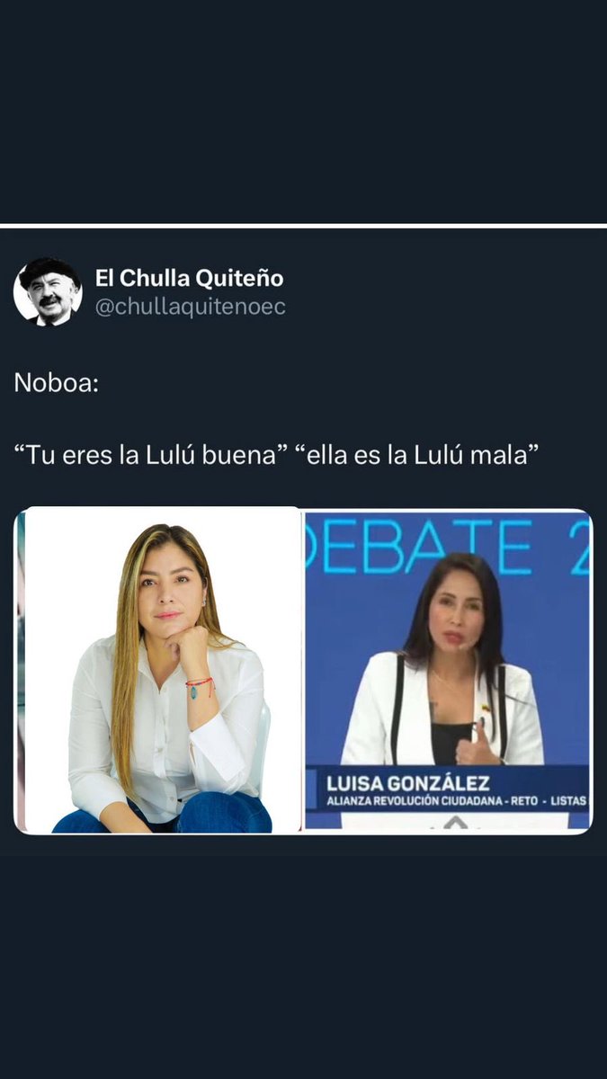 Me identifico con lo que el presidente <a href="/DanielNoboaOk/">Daniel Noboa Azin</a> dijo hoy en el debate sobre Luisa González.
Yo también soy la luisa buena.