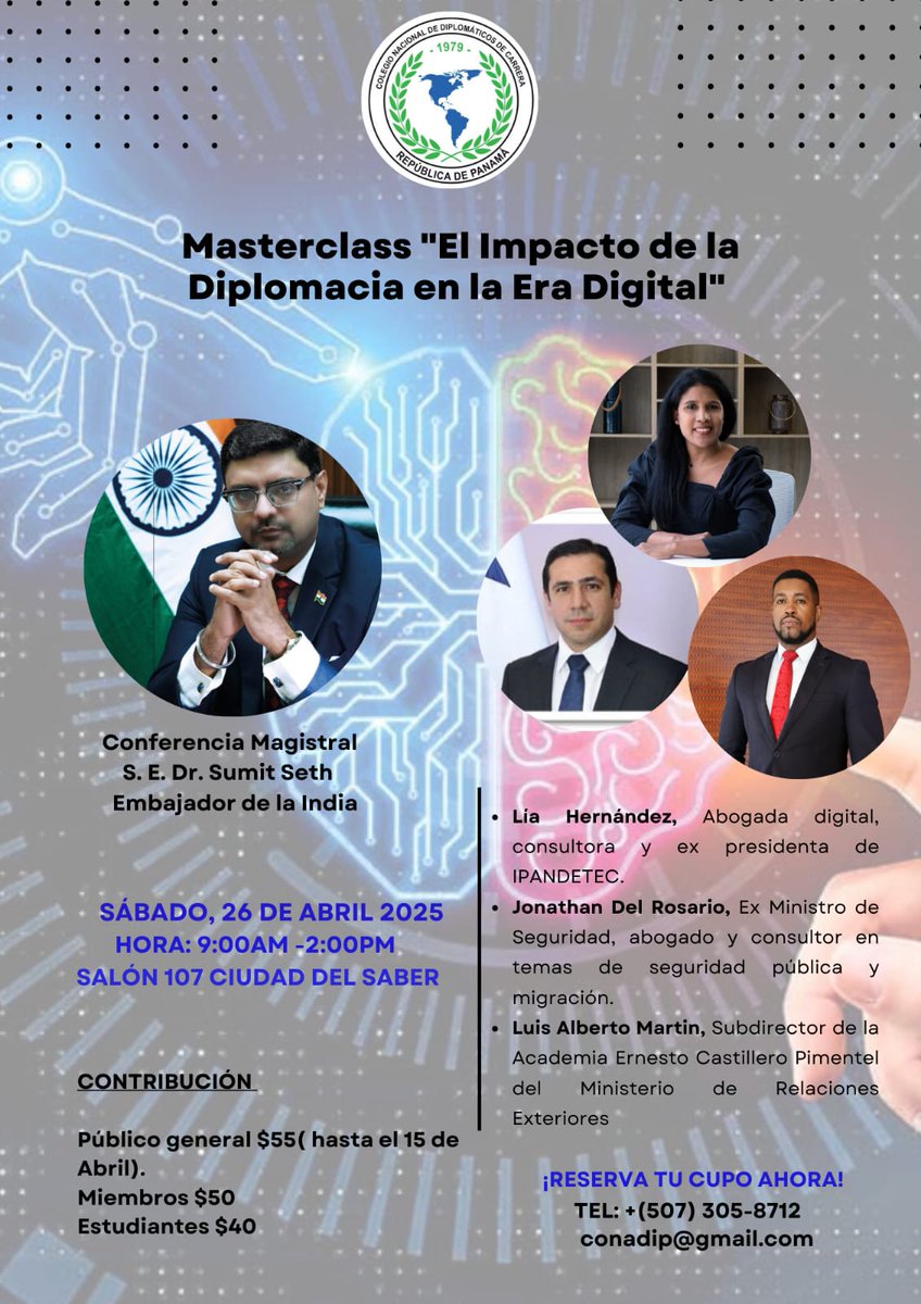 ¡No te pierdas esta Masterclass! El Impacto de la Diplomacia en la Era Digital"📅 26 de abril | 🕘 9:00 a.m. - 2:00 p.m. Ciudad del Saber, Salón 107 🎤 Conferencia Magistral: 🗣 S.E. Dr. Sumit Seth, Embajador de la India en Panamá #RelacionesInternacionales <a href="/IndiainPanama/">India in Panama, Nicaragua, Costa Rica</a>