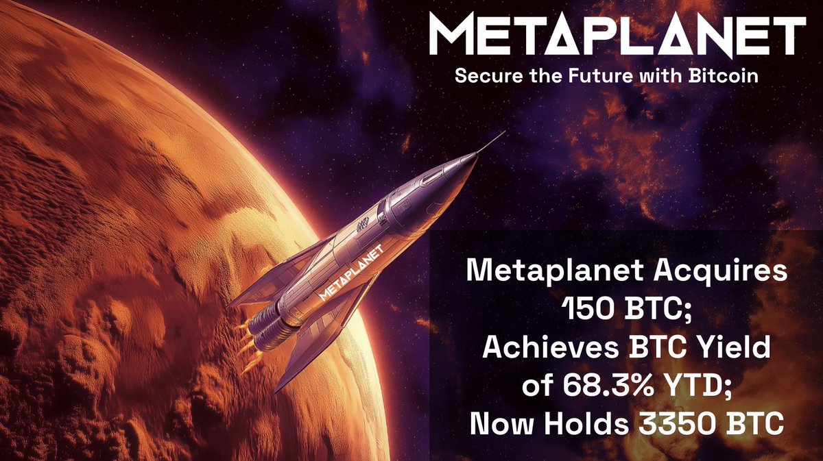 Metaplanet has acquired 150 BTC for ~$12.6 million at ~$83,801 per bitcoin  and has achieved BTC Yield of 68.3% YTD 2025. As of 3/24/2025, we hold 3350  $BTC acquired for ~$278.8 million at ~$83,224 per bitcoin.