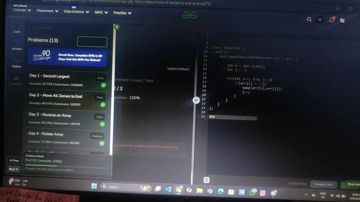 Jatin_lifo82's tweet image. Day 2 /160. @geeksforgeeks
Question. Move all Zeroes ✅
Easy 😎
#gfg160 #geekstreak2025
#codingproblems #cpplus2025
#DSA #algoritmes #CPP25