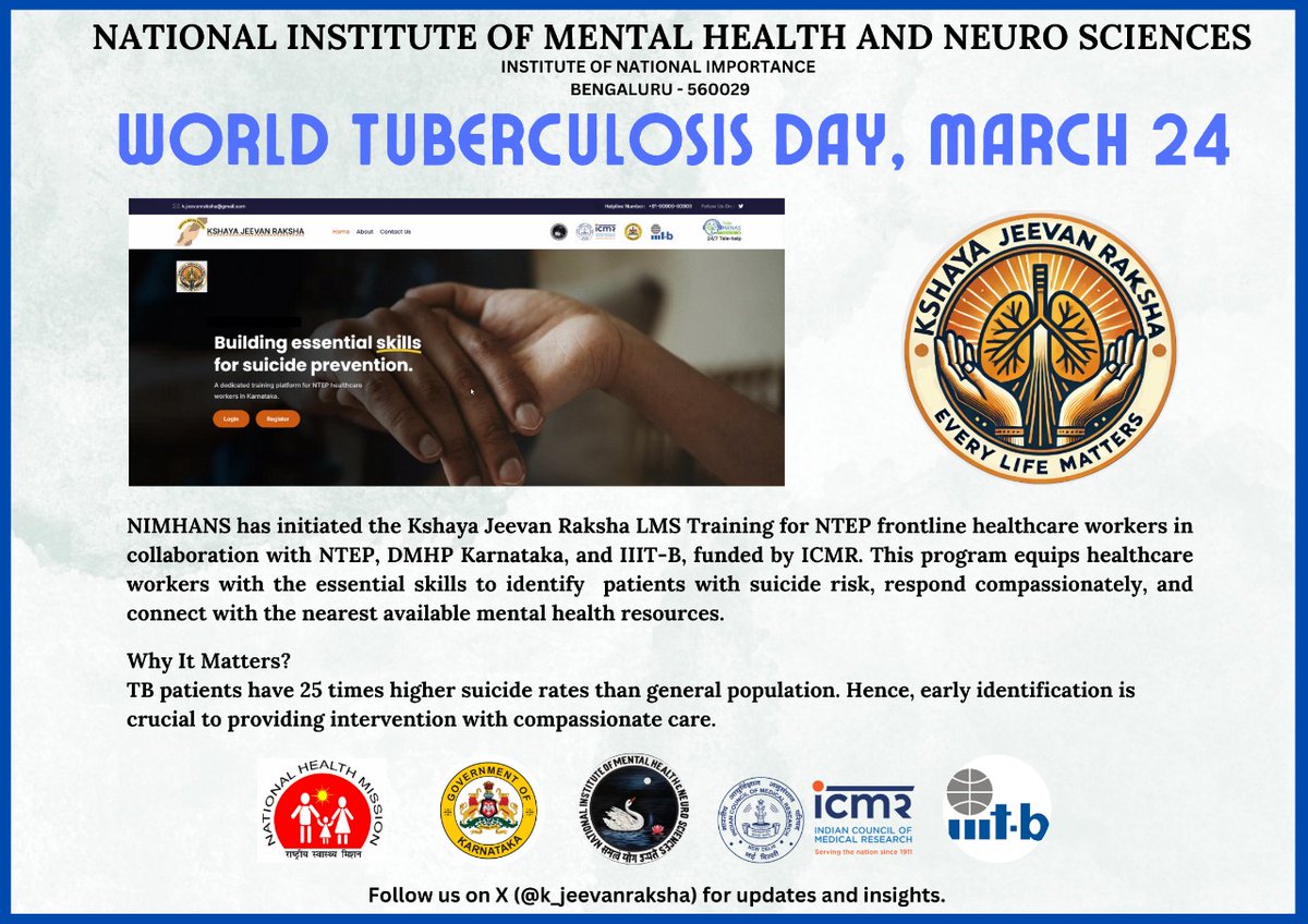 NIMHANS_BLR's tweet photo. Healing TB, Protecting Lives – Empowering Healthcare Workers with Suicide Prevention Skills.
This #WorldTBDay2025, let’s commit to ending TB through awareness, early diagnosis, and treatment. Yes! We Can End TB: Commit, Invest, Deliver. 
#mentalhealthawareness
#SuicidePrevention https://t.co/JZpP1yBC4e
