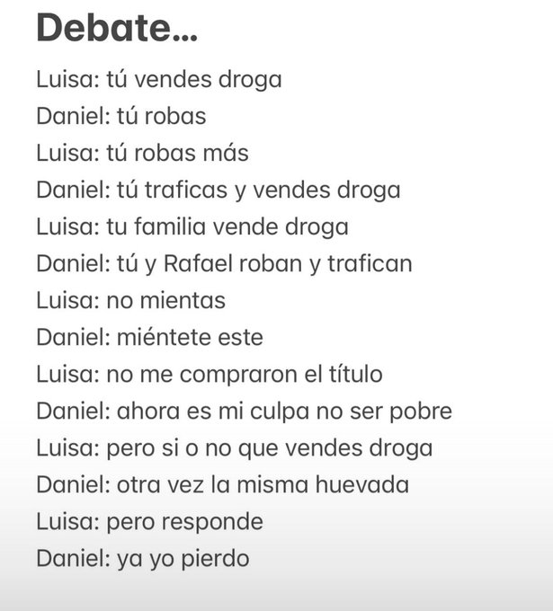ecuaplomodolor's tweet photo. Resumen del debate 😆 #EleccionesEcuador2025 
#DebatePresidencial2025 https://t.co/ZcSoUsIOr8