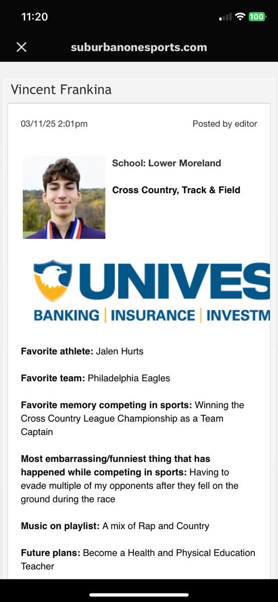 Congrats to senior Vincent Frankina on being chosen as a Univest Featured Athlete by SOL Sports!! Check out the great article on Vince at the following link:

suburbanonesports.com/featured-athle…. 

Go Lions!!!