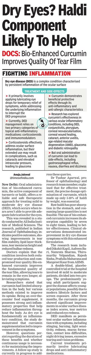 AnujaJaiswalTOI's tweet image. Dry eyes ? Haldi components likely to help. #aiimsdelhi #curcumin #eyes #health @timesofindia